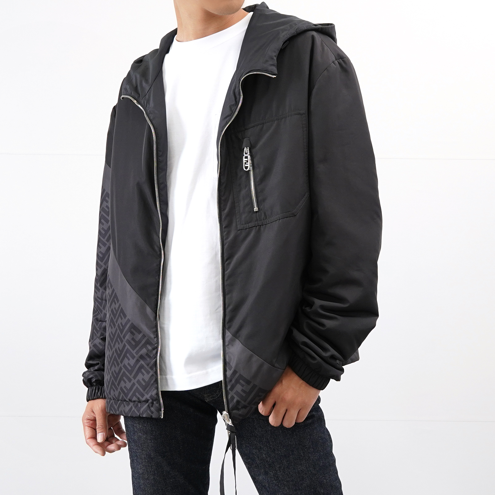 FENDI Reversible Down Puffer Jacket Black Hooded Size52 Outerwear