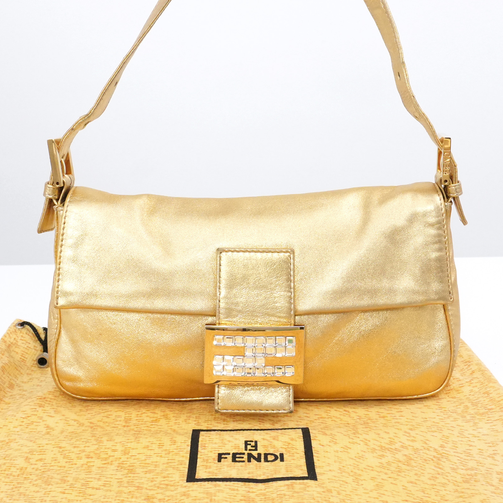 FENDI Mamma Baguette Shoulder Bag FF Logo Gold Leather Italy Auth